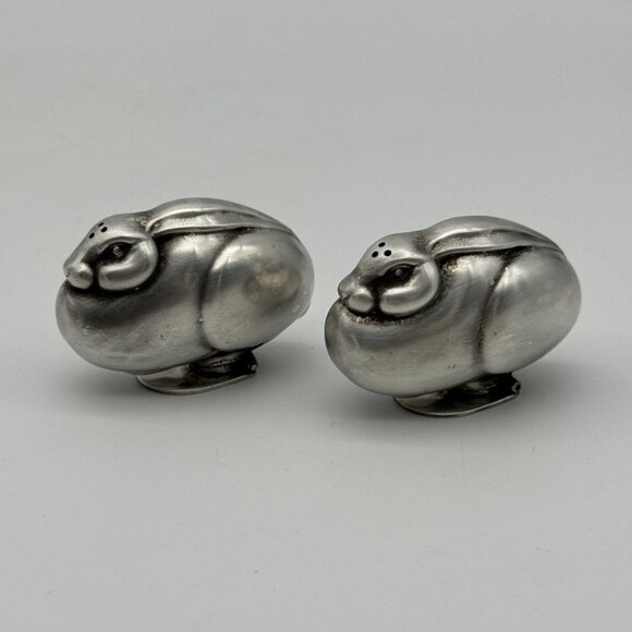 Vintage Portugal Silver Metal Hinged Rabbit Bunny Salt Pepper Figurine Easter